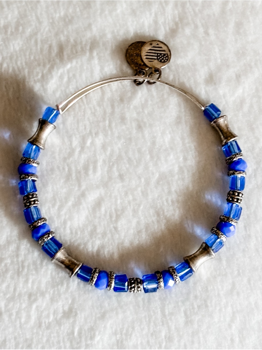 Alex and Ani Cobalt Blue Beaded Expandable Bangle Bracelet - Silver
